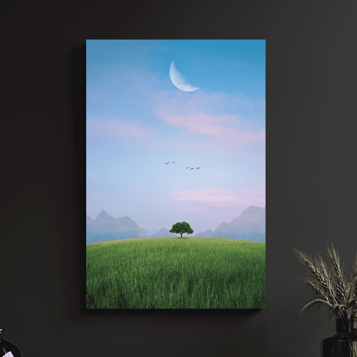 a painting of a green field with a tree and birds flying in the sky